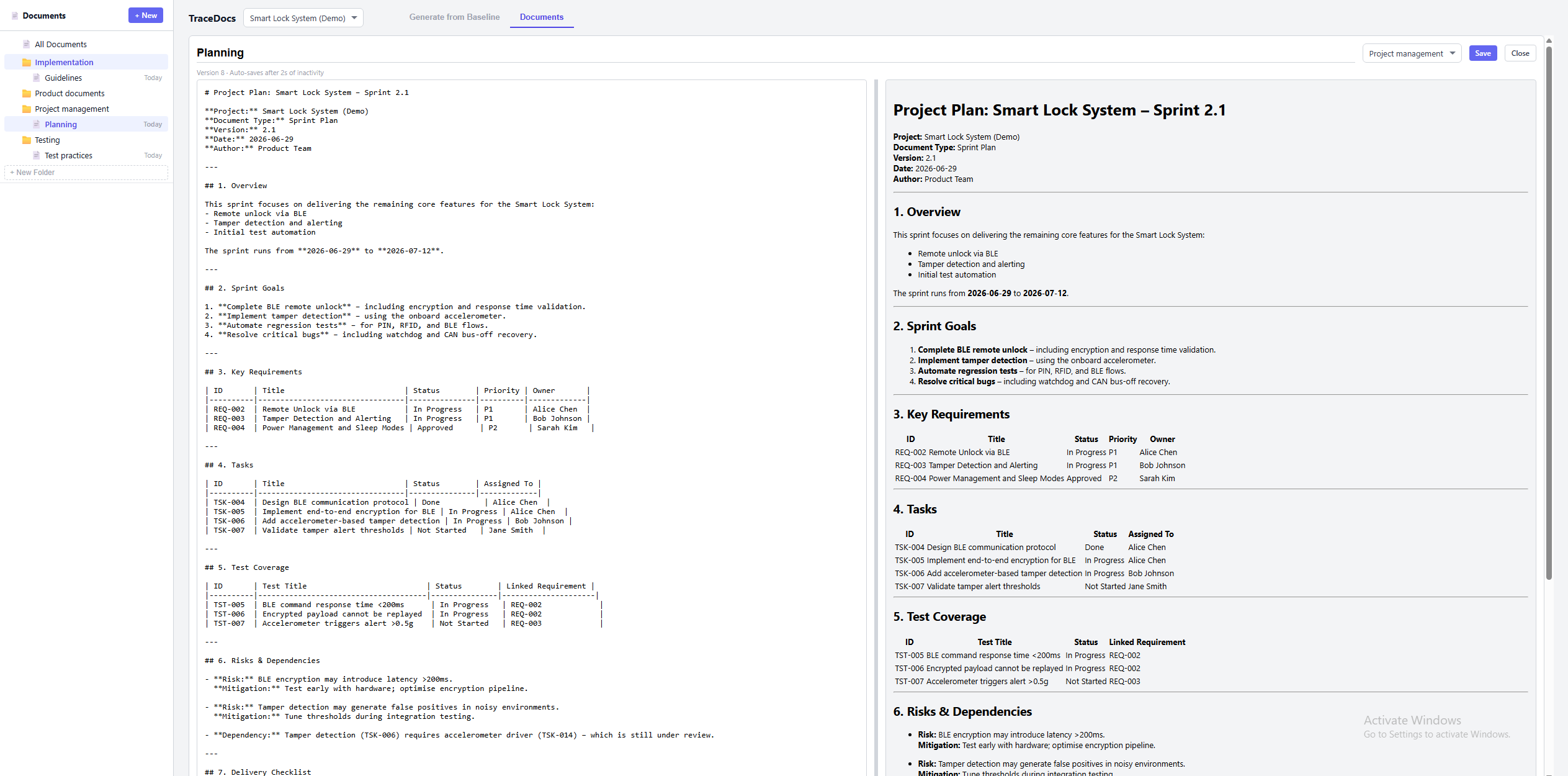 TraceDocs controlled documentation view
